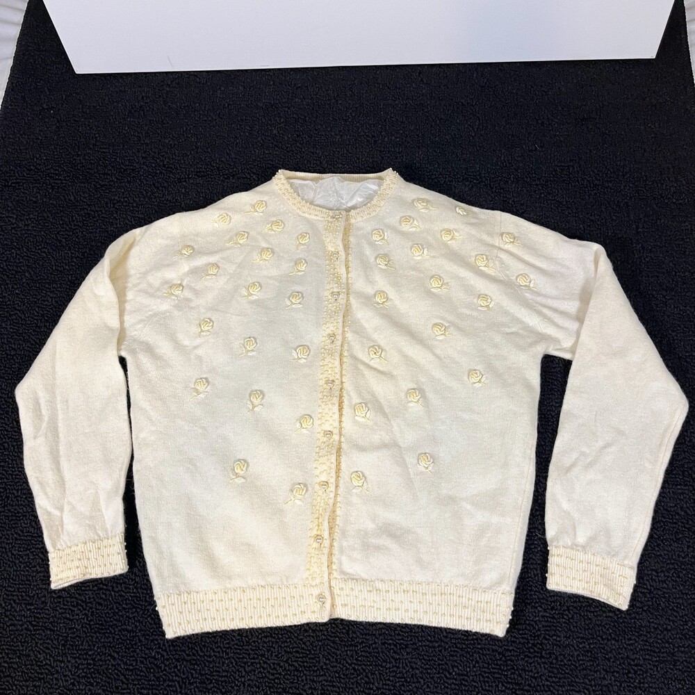 Vintage 60s Cardigan Sweater Womens XS Lambswool Hand Knit Button Up Pearls